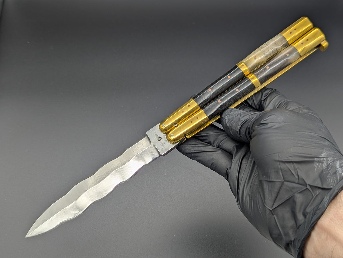 11" FHM 2-TONE HORN & BRASS BALISONG KRIS BLADE