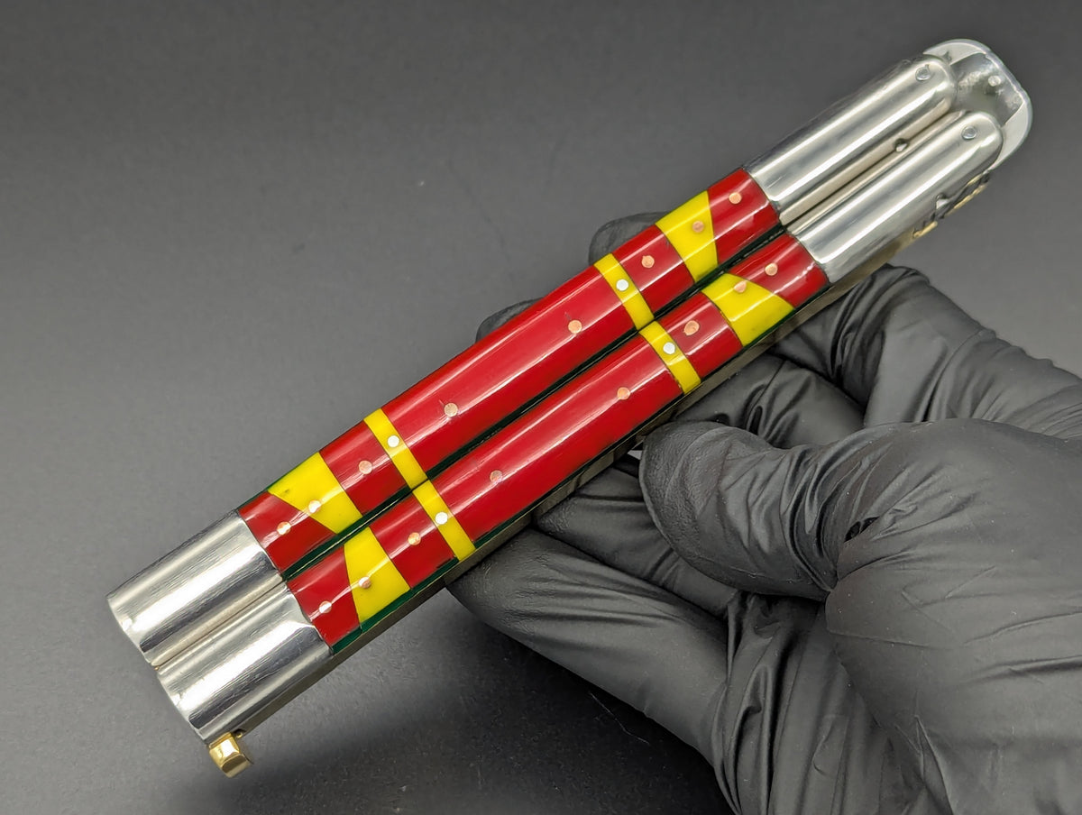 29cm 264g FIESTA FHM BALISONG RED/ YELLOW CLIP POINT