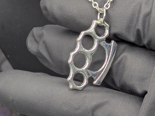 CHROME FINISH BRASS KNUCKLES PENDANT & 22" STAINLESS NECKLACE