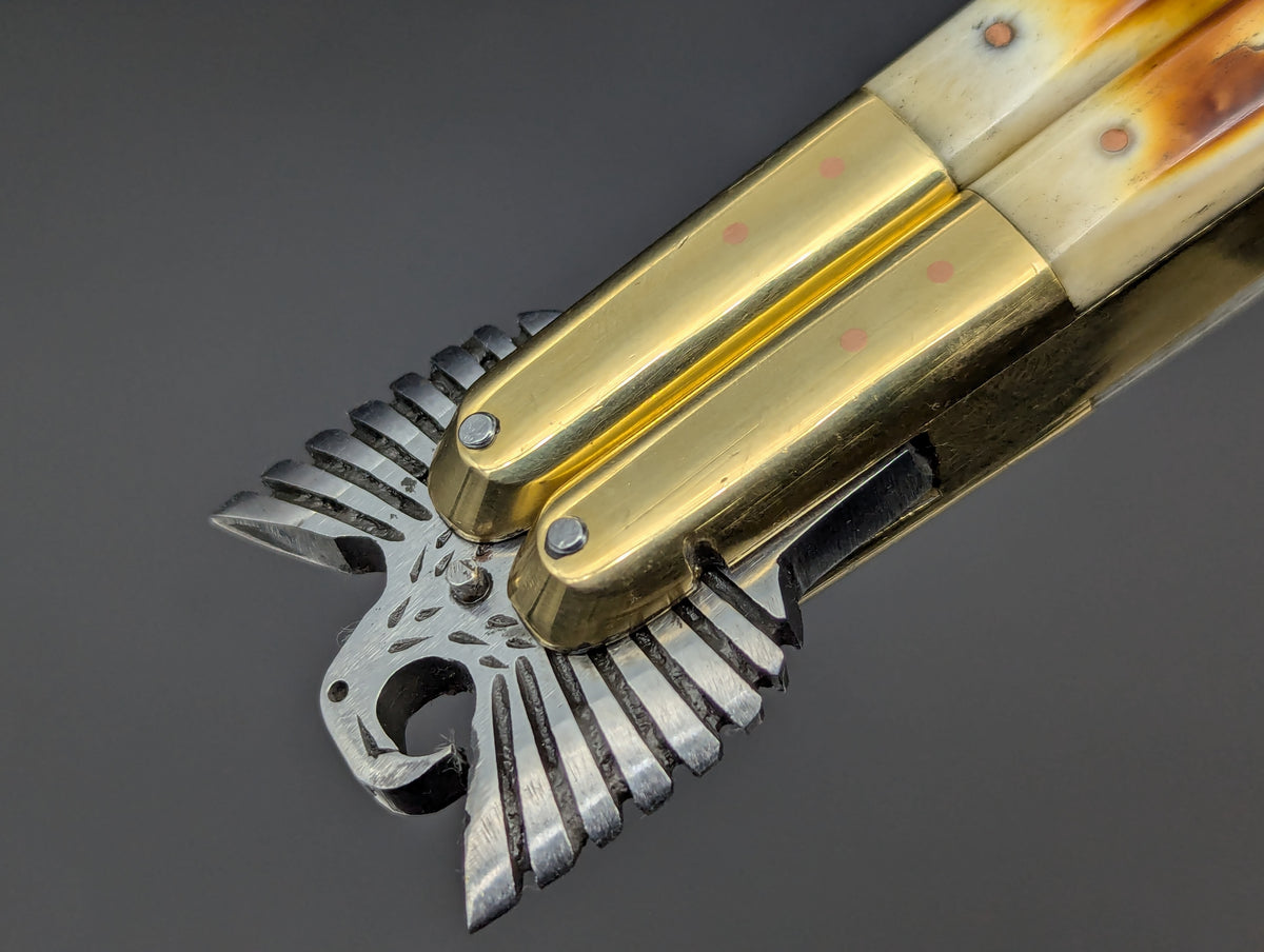 22cm PHILIPPINES HANDMADE EAGLE TANG BALISONG KNIFE BURNT BONE 2