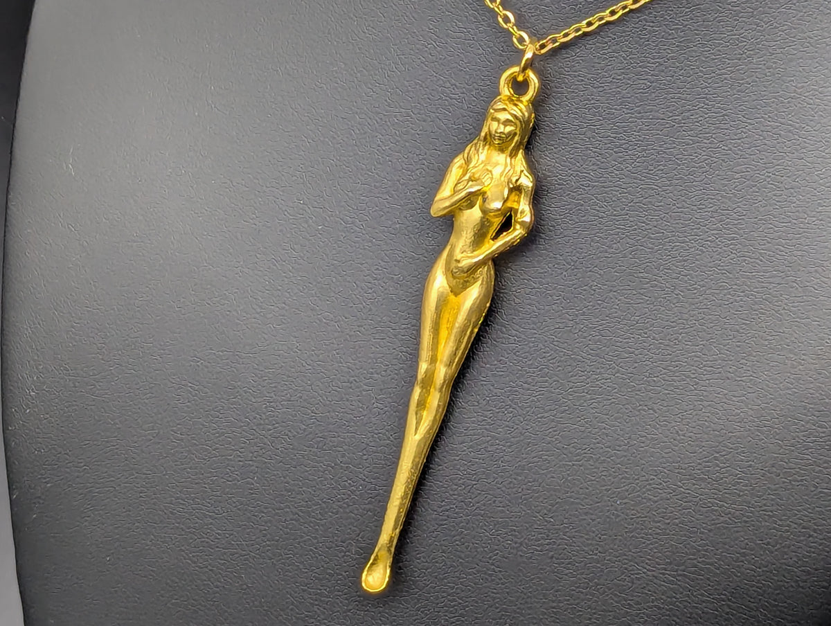 22" Gold Burlesque Risque Nudie Goddess Mini Spoon w/ Steel Link Necklace