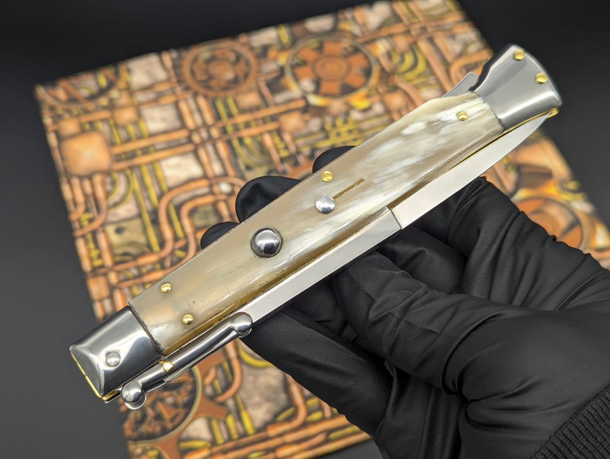 11" FRANK BELTRAME HANDMADE ITALIAN SWINGUARD SWITCHBLADE HONEY HORN 1