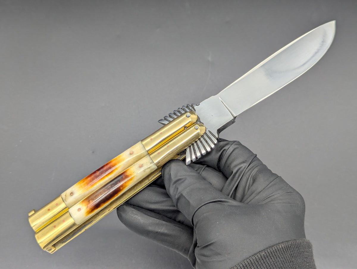 8.7" BURNT BONE EAGLE TANG STRAIGHT BLADE FHM BALISONG 1