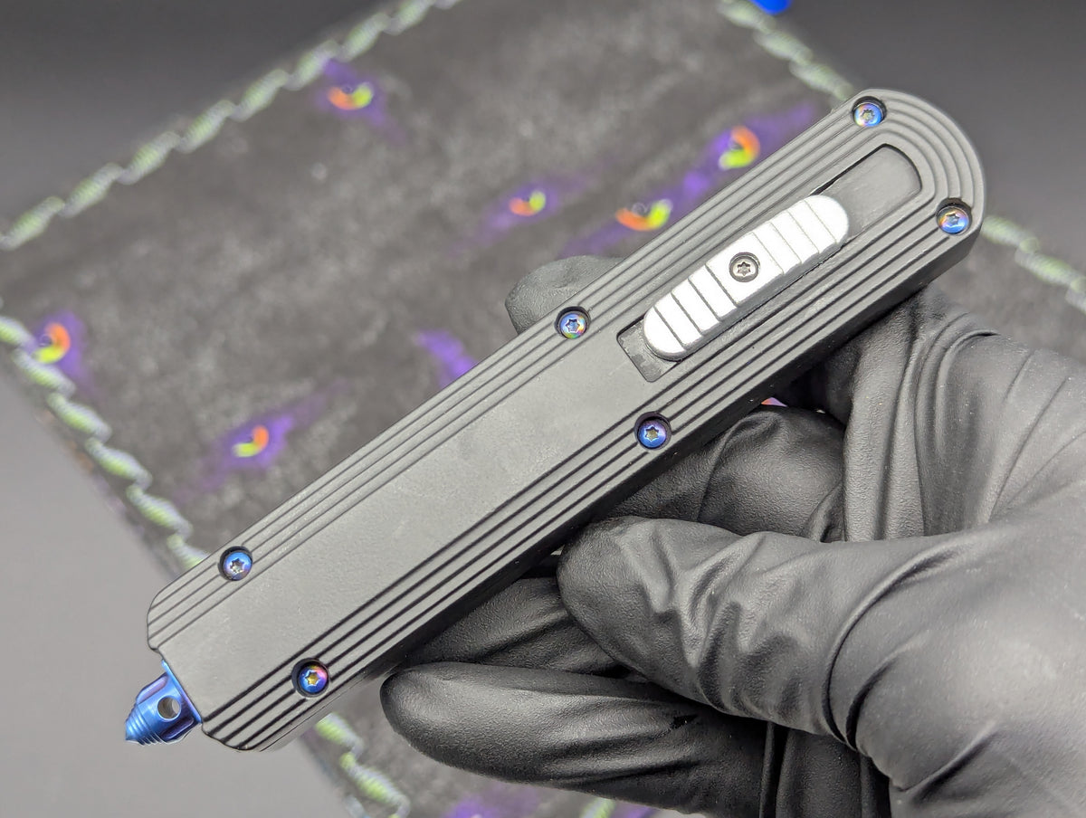 9.25" DAMASCUS DUAL ACTION OTF KNIFE D/E SERR. BLUE HARDWARE