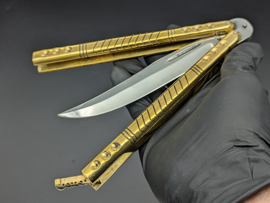 390 GRAM ULTRA HEAVYWEIGHT BRASS FHM BALISONG BLOOD GROOVE CLIP