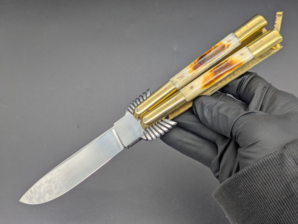 8.7" BURNT BONE EAGLE TANG STRAIGHT BLADE FHM BALISONG 1