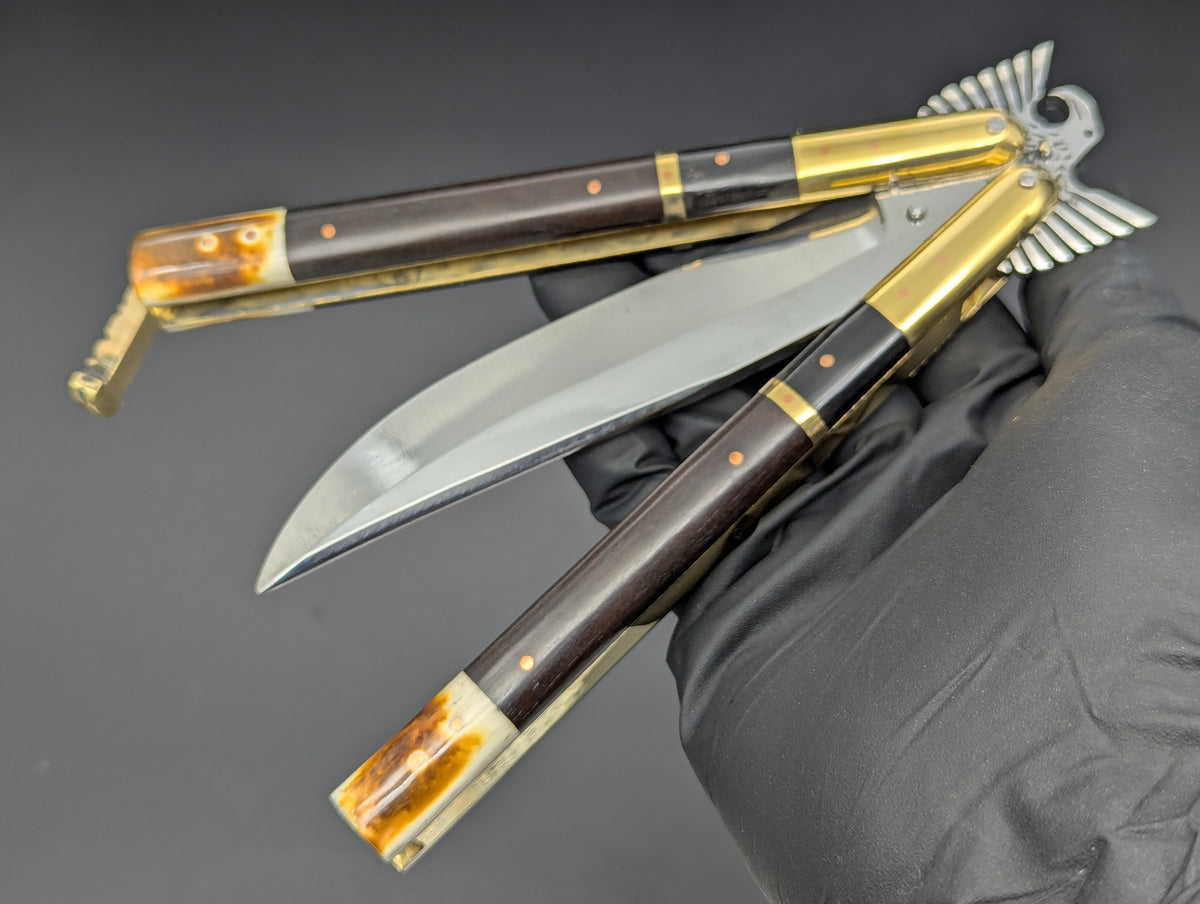 11.25" Dark Wood Carved Eagle FHM Clip Point Balisong