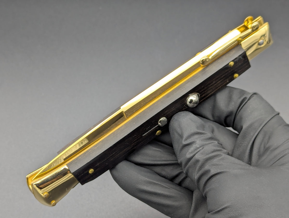 24K GOLD 11" FRANK BELTRAME EBONY WOOD SWINGUARD SWITCHBLADE KNIFE