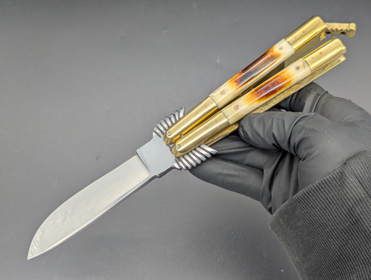 8.7" BURNT BONE EAGLE TANG STRAIGHT BLADE FHM BALISONG 1