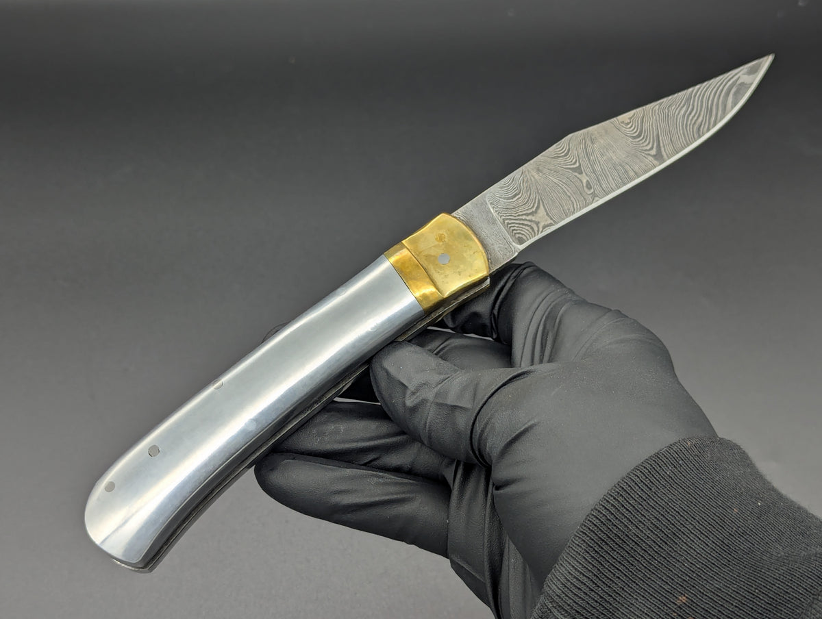 9" DAMASCUS & ALUMINUM AUTOMATIC LEVERLOCK SWITCHBLADE KNIFE