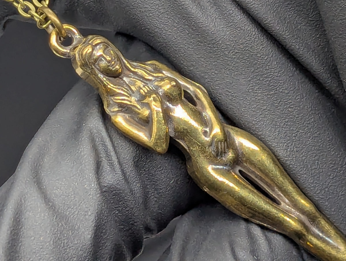 24" Antiqued Bronze Burlesque Risque Nudie Goddess Spoon w/ Steel Link Necklace