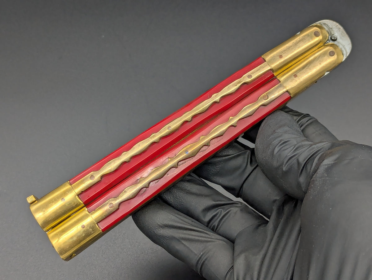 11" KALAPKUP BRASS/ RED BLOOD CLIP POINT FHM BALISONG