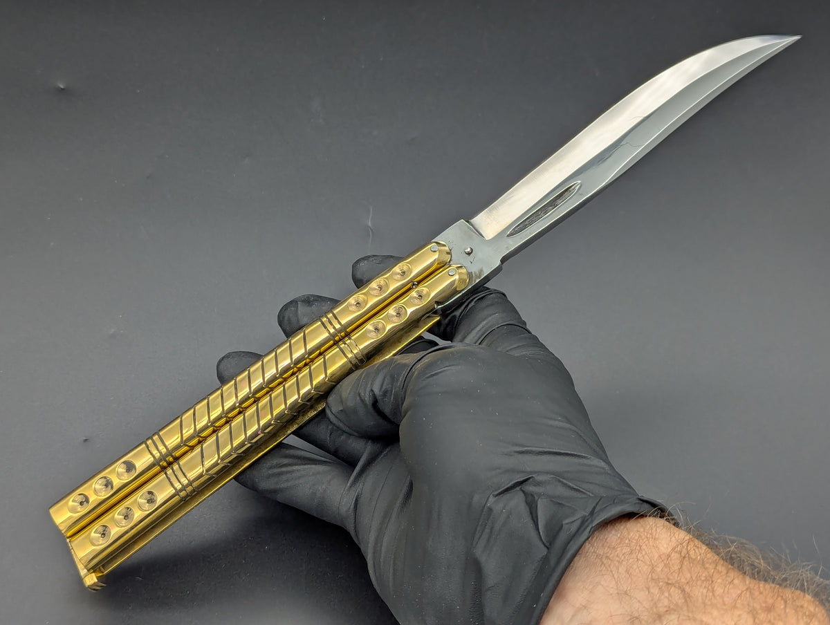 390 GRAM ULTRA HEAVYWEIGHT BRASS FHM BALISONG BLOOD GROOVE CLIP