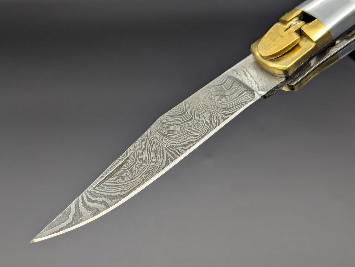 9" DAMASCUS & ALUMINUM AUTOMATIC LEVERLOCK SWITCHBLADE KNIFE