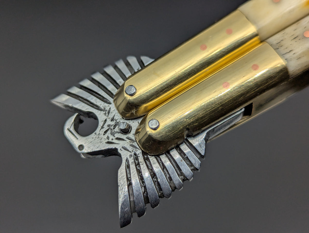 8.7" BURNT BONE EAGLE TANG STRAIGHT BLADE FHM BALISONG 1