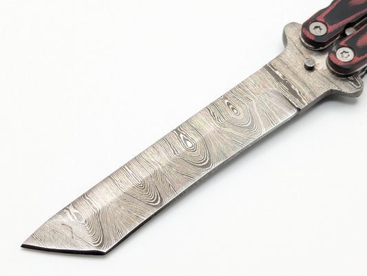 9" Red & Black Micarta Tanto Damascus Butterfly Knife
