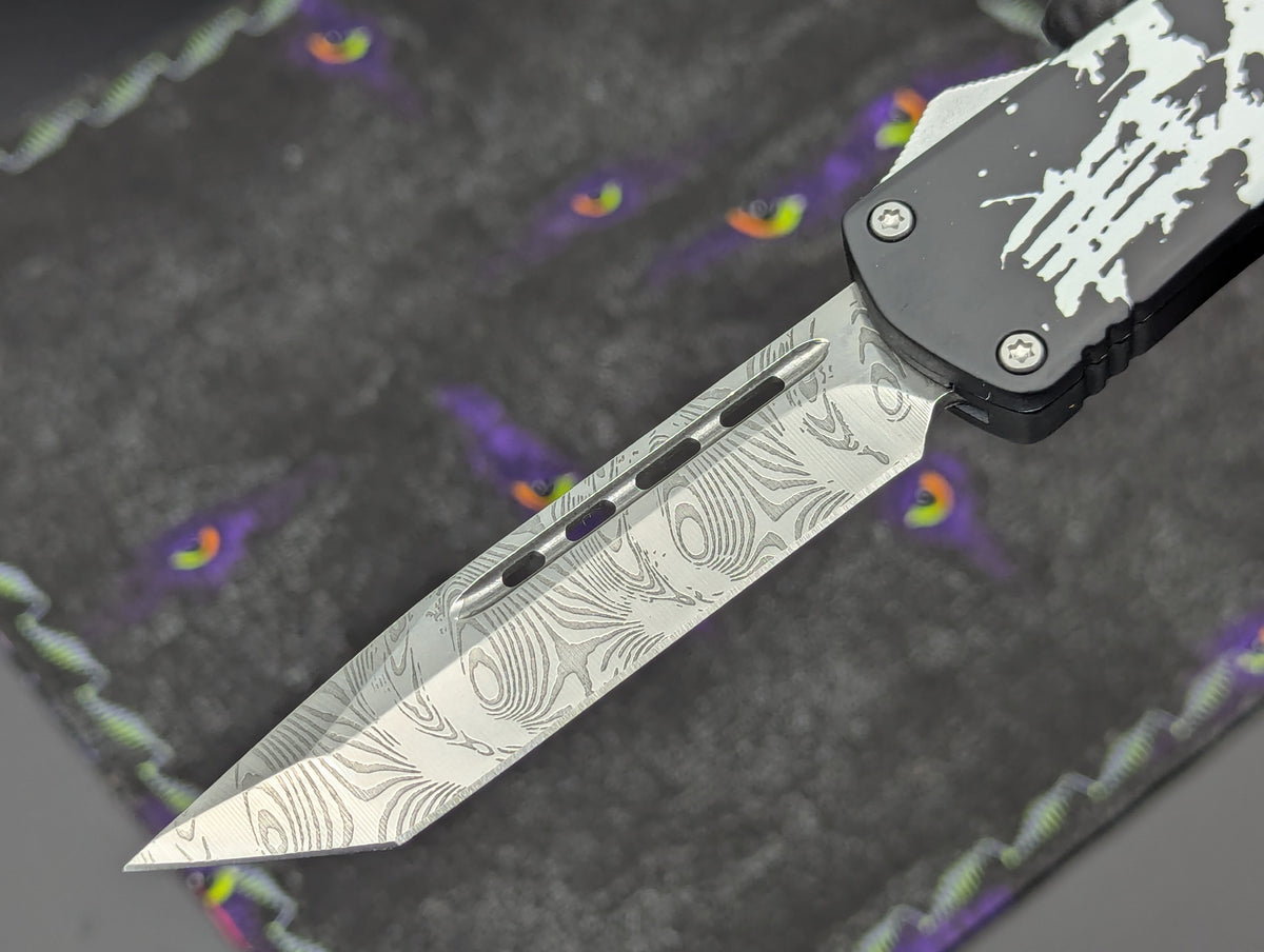 9.25" SKULL CLASSIC D/A OTF KNIFE FAUX DAMASCUS TANTO
