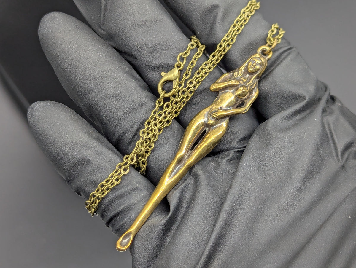 24" Antiqued Bronze Burlesque Risque Nudie Goddess Spoon w/ Steel Link Necklace