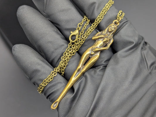 24" Antiqued Bronze Burlesque Risque Nudie Goddess Spoon w/ Steel Link Necklace