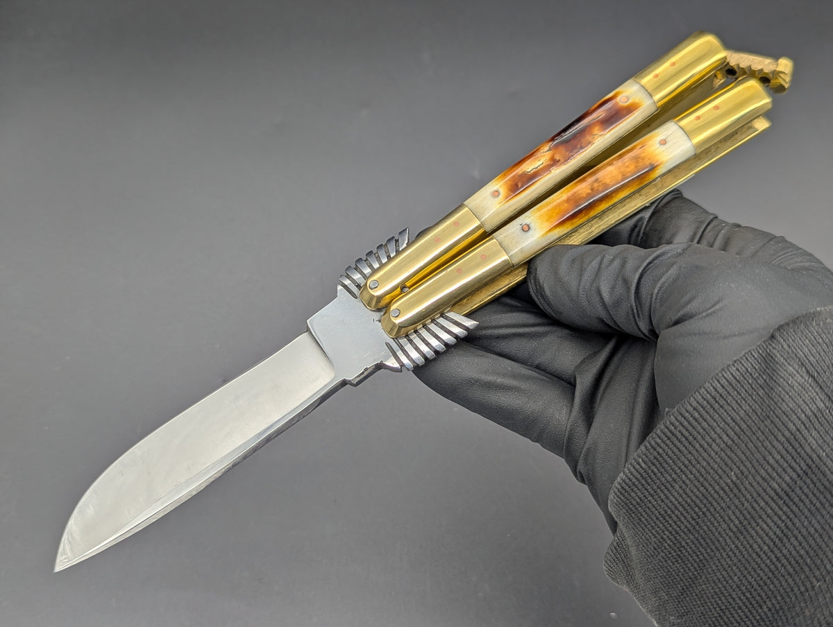 22cm PHILIPPINES HANDMADE EAGLE TANG BALISONG KNIFE BURNT BONE 2
