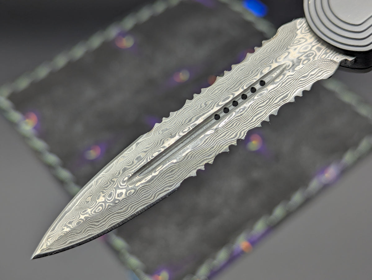 9.25" DAMASCUS DUAL ACTION OTF KNIFE D/E SERR. BLUE HARDWARE
