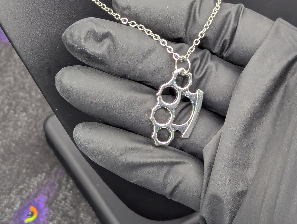 CHROME FINISH BRASS KNUCKLES PENDANT & 22" STAINLESS NECKLACE