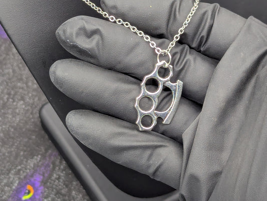 CHROME FINISH BRASS KNUCKLES PENDANT & 22" STAINLESS NECKLACE