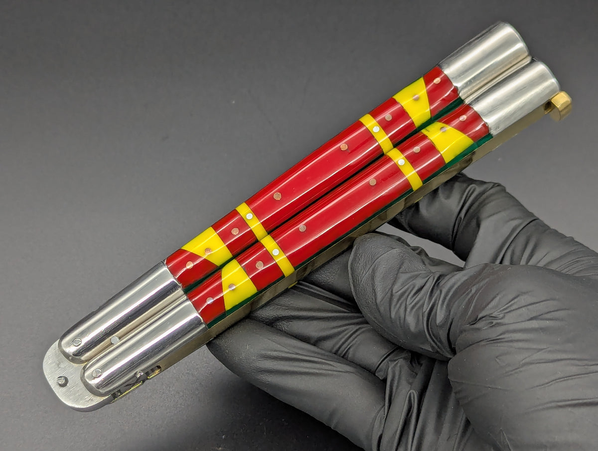 29cm 264g FIESTA FHM BALISONG RED/ YELLOW CLIP POINT