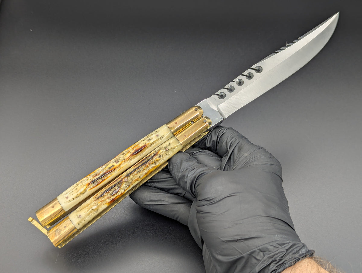11" JIGGED COWBONE BRASS FHM BALI KNIFE RAMBO CLIP POINT