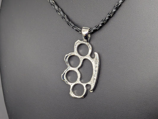 20" CHROME BRASS KNUCKLE DUSTER PENDANT & NECKLACE