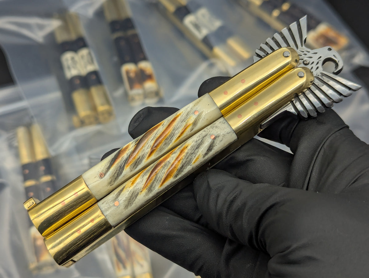 8.7" FHM EAGLE TANG BALISONG BRASS TWISTED BONE