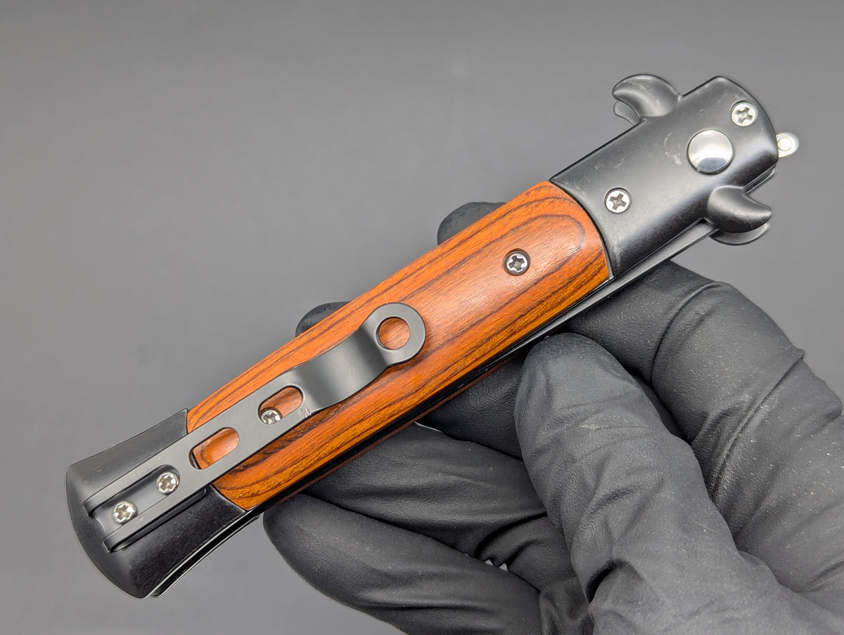 TACTICAL RED WOOD DIABLO MILANO SWITCHBLADE KNIFE