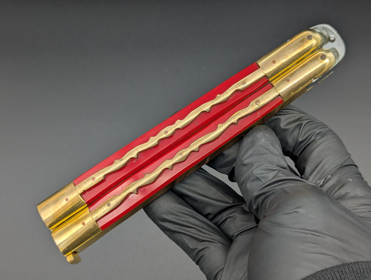 11" KALAPKUP BRASS/ RED RAMBO CLIP POINT FHM BALISONG