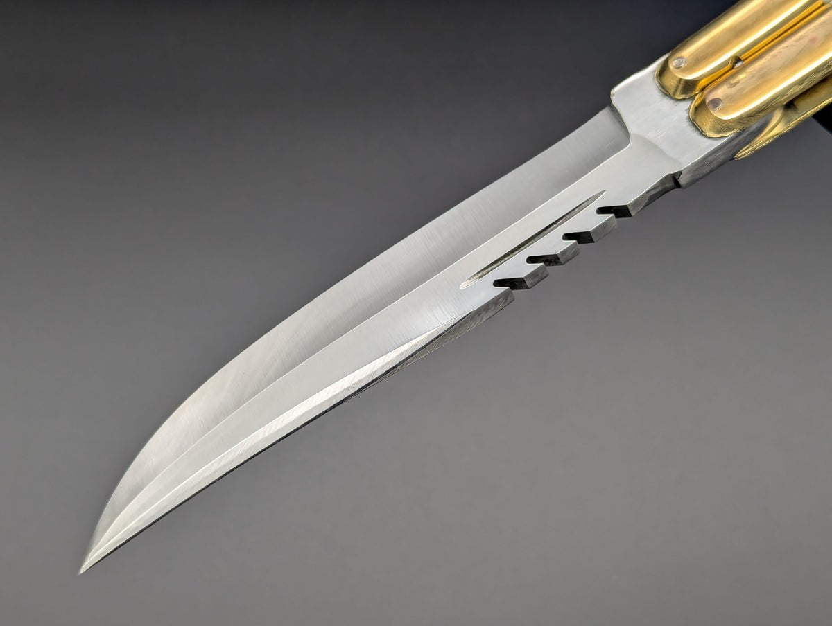 11" JIGGED COWBONE BRASS FHM BALISONG BLOOD CLIP