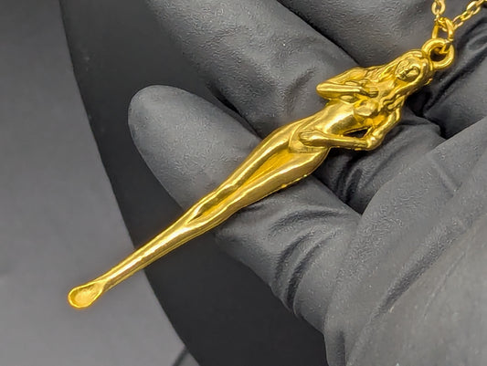 22" Gold Burlesque Risque Nudie Goddess Mini Spoon w/ Steel Link Necklace