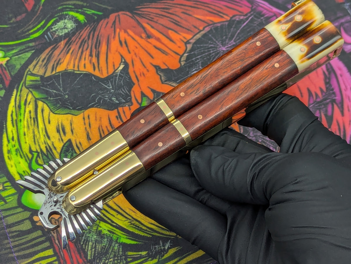 Solid Red Wood Carved Eagle FHM Balisong Clip Point