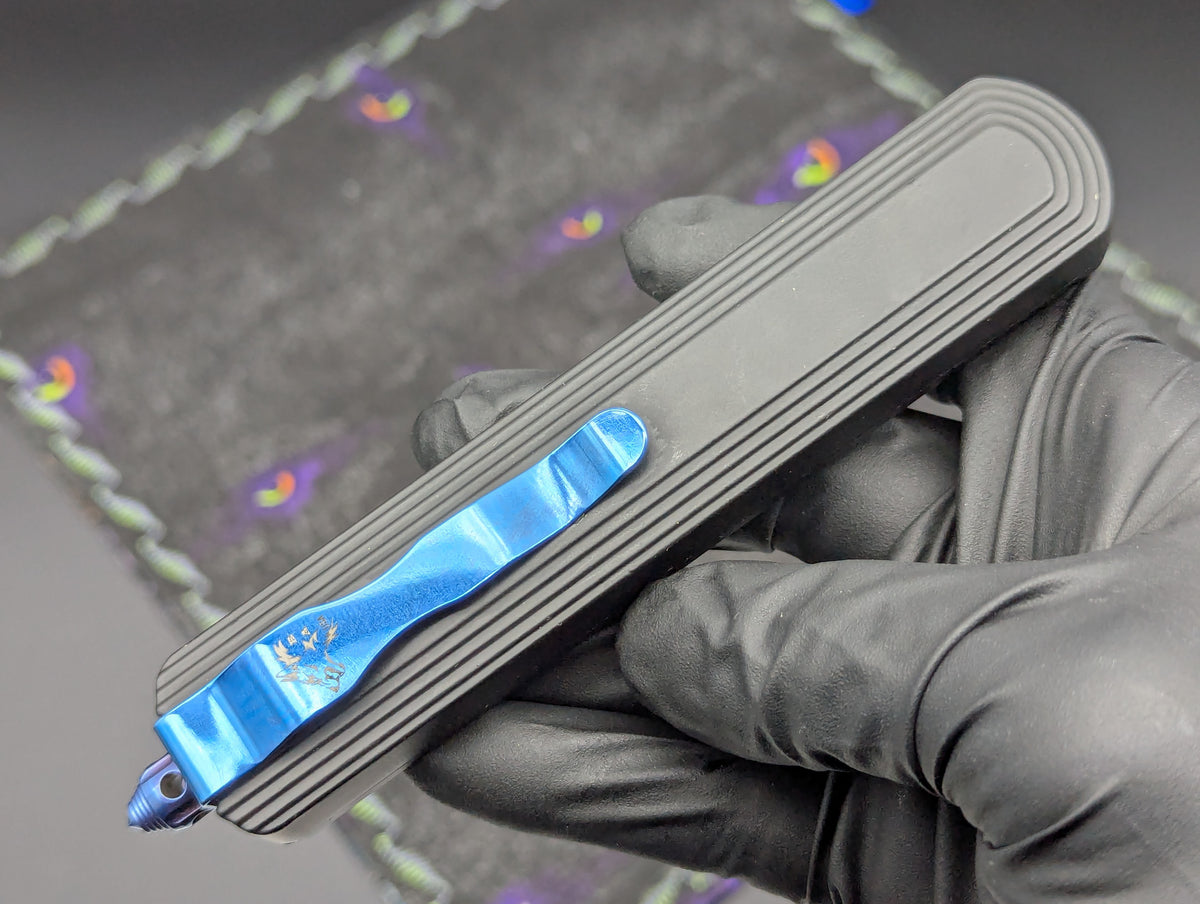 9.25" DAMASCUS DUAL ACTION OTF KNIFE D/E SERR. BLUE HARDWARE