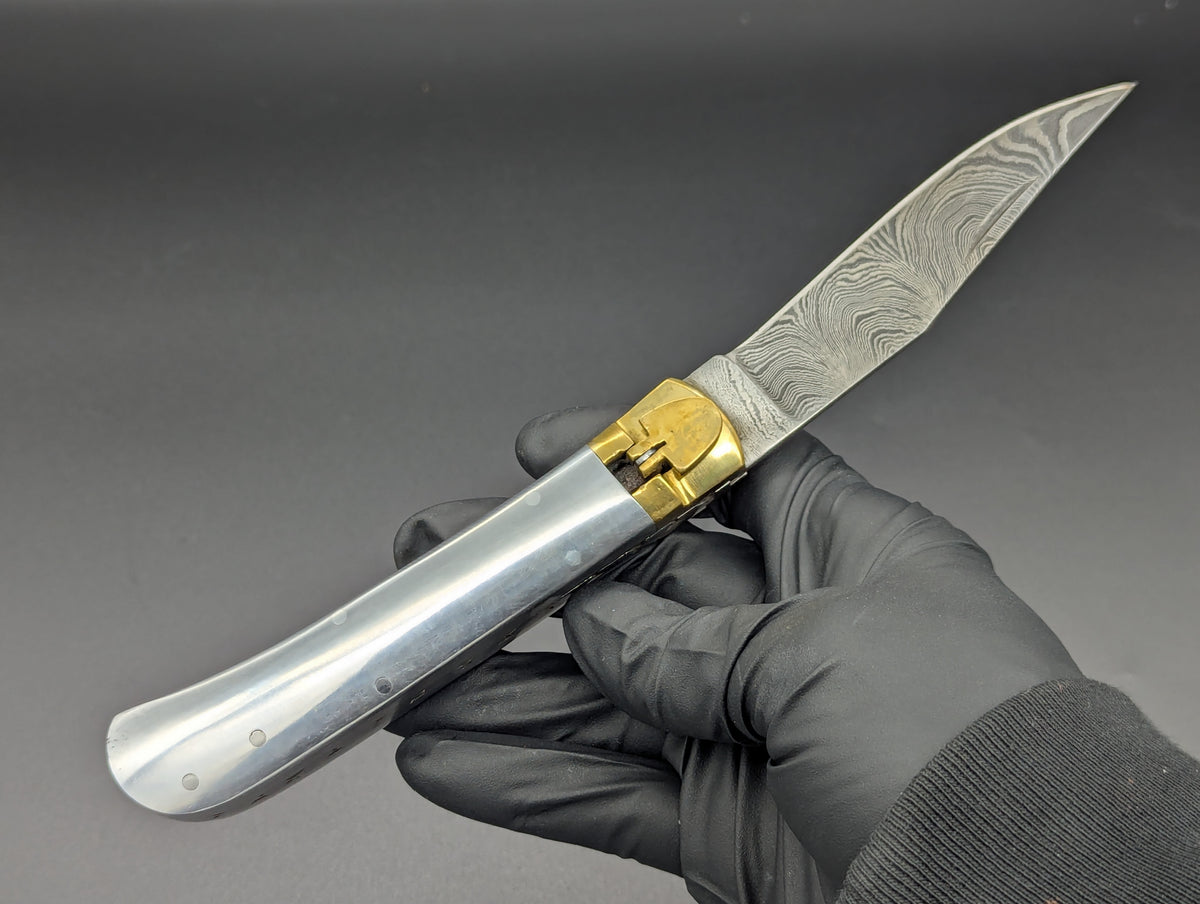 9" DAMASCUS & ALUMINUM AUTOMATIC LEVERLOCK SWITCHBLADE KNIFE