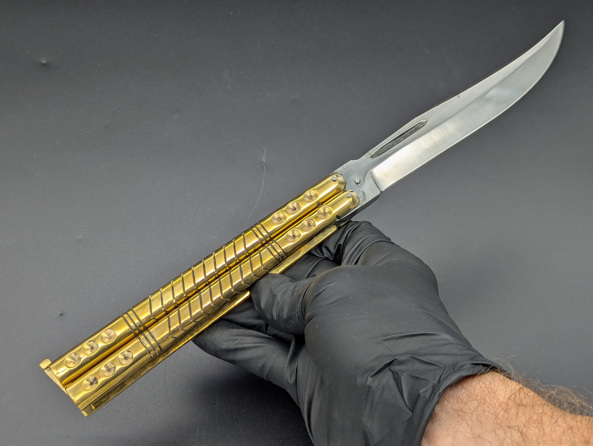 390 GRAM ULTRA HEAVYWEIGHT BRASS FHM BALISONG BLOOD GROOVE CLIP