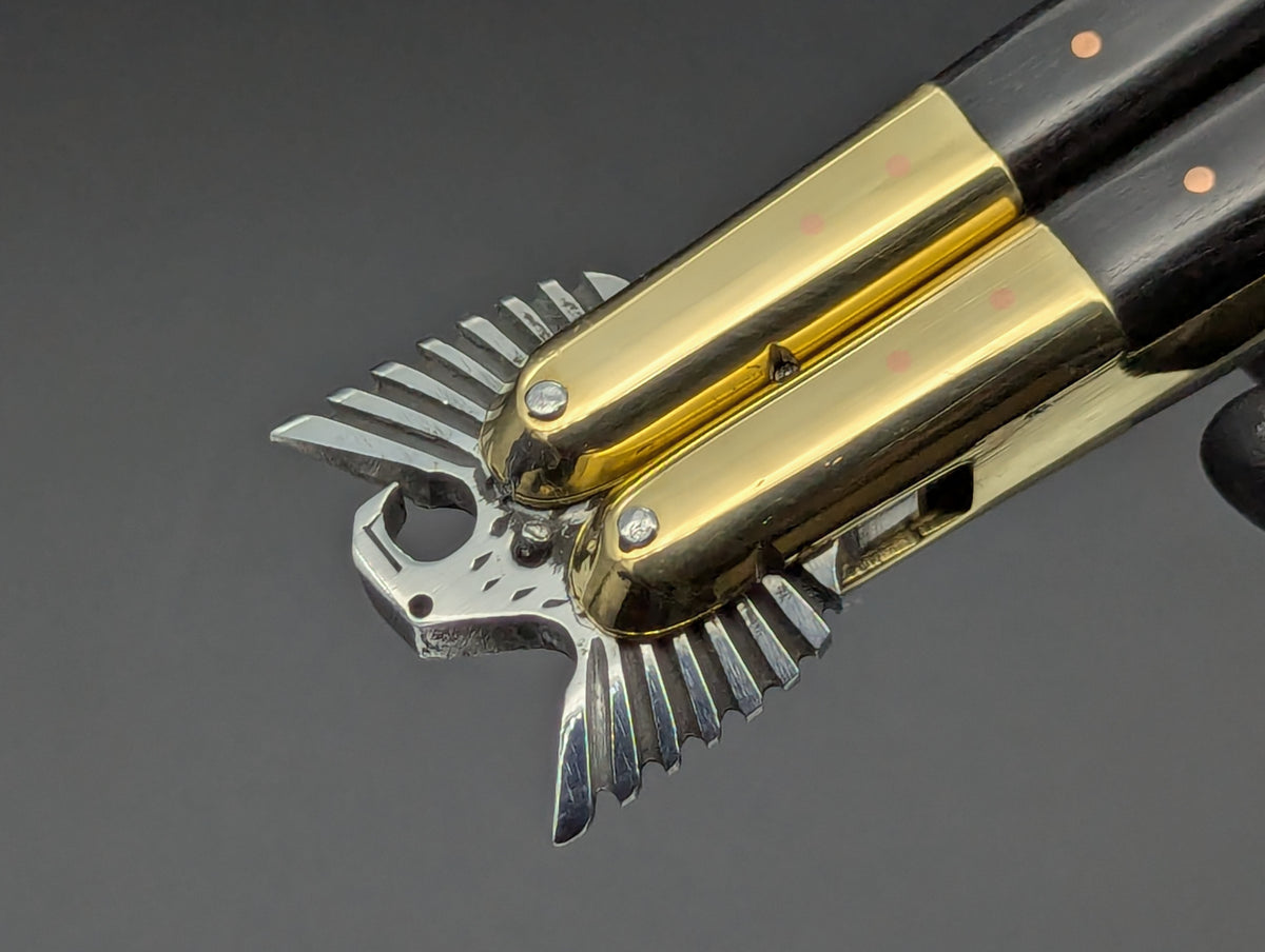 11.25" CARVED EAGLE 2-TONE SCALE BRASS FHM BALISONG MANILA BLADE