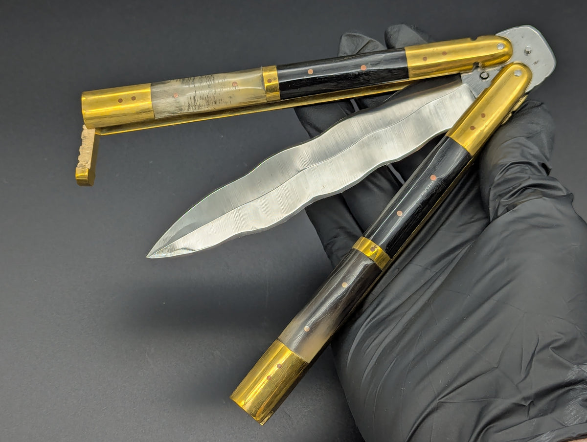 11" FHM 2-TONE HORN & BRASS BALISONG KRIS BLADE
