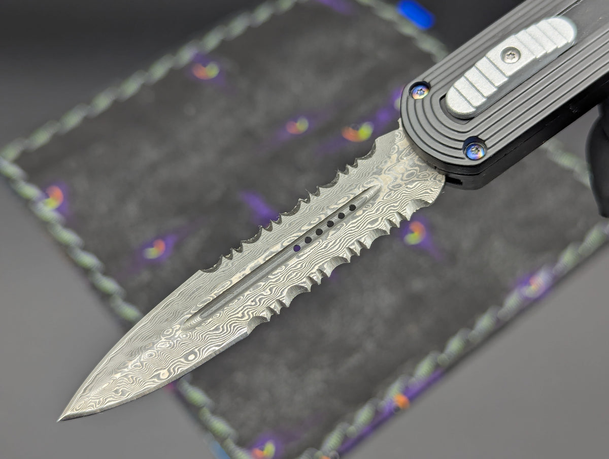 9.25" DAMASCUS DUAL ACTION OTF KNIFE D/E SERR. BLUE HARDWARE