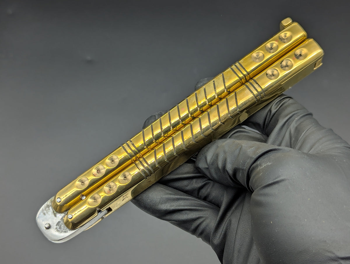 390 GRAM ULTRA HEAVYWEIGHT BRASS FHM BALISONG BLOOD GROOVE CLIP