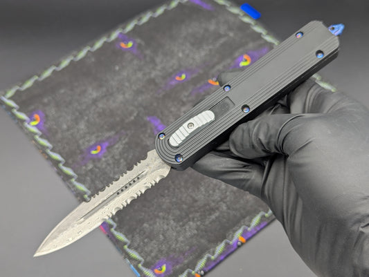 9.25" DAMASCUS DUAL ACTION OTF KNIFE D/E SERR. BLUE HARDWARE