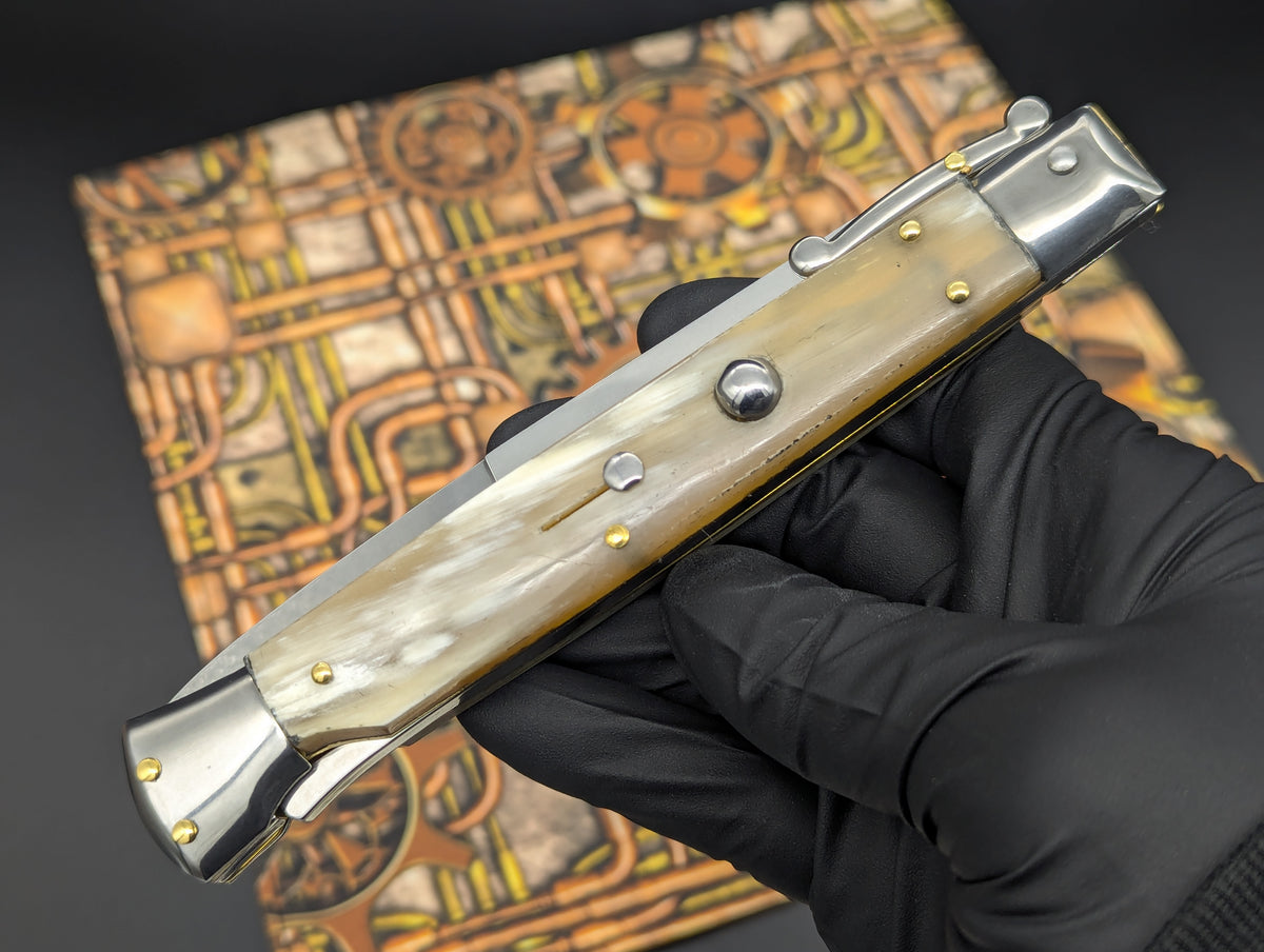 11" FRANK BELTRAME HANDMADE ITALIAN SWINGUARD SWITCHBLADE HONEY HORN 1