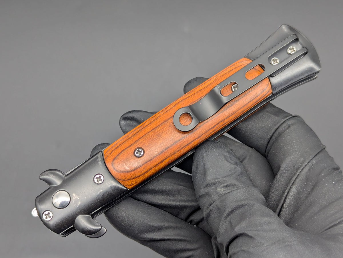 TACTICAL RED WOOD DIABLO MILANO SWITCHBLADE KNIFE