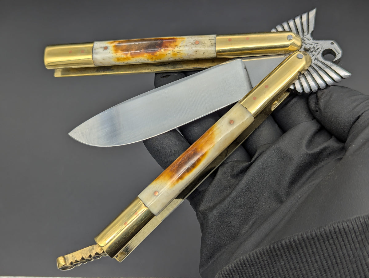 8.7" BURNT BONE EAGLE TANG STRAIGHT BLADE FHM BALISONG 1