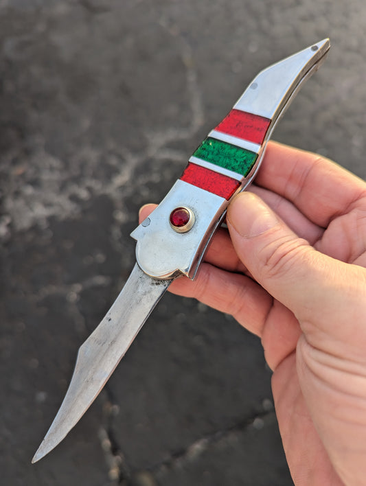 Vintage Russian Prison Switchblade Knife Red & Green Jeweled