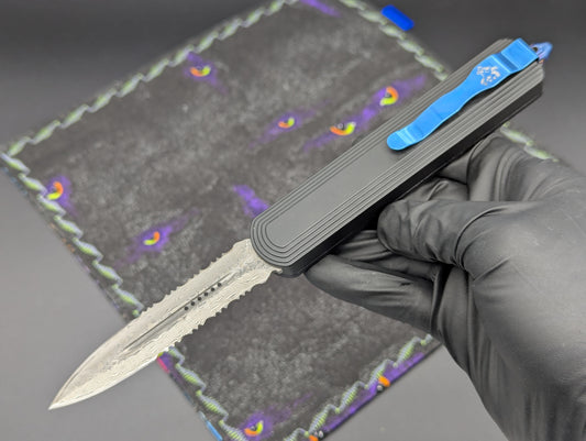 9.25" DAMASCUS DUAL ACTION OTF KNIFE D/E SERR. BLUE HARDWARE