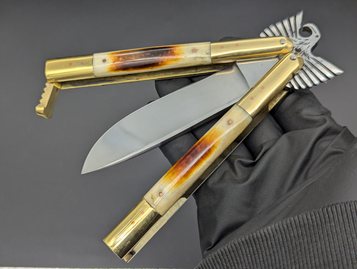 8.7" BURNT BONE EAGLE TANG STRAIGHT BLADE FHM BALISONG 1